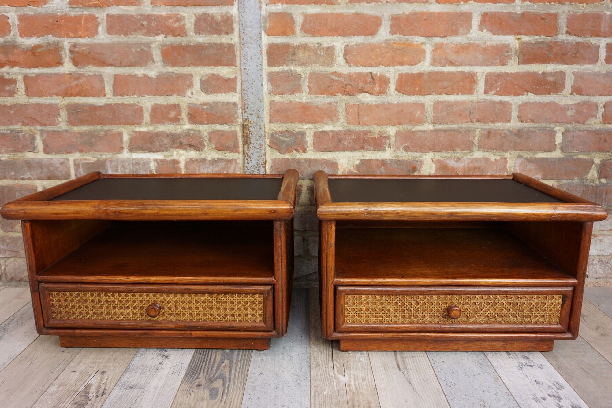 Pair of wooden bedside tables, rattan, canning and faux black leather