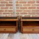 Pair of wooden bedside tables, rattan, canning and faux black leather