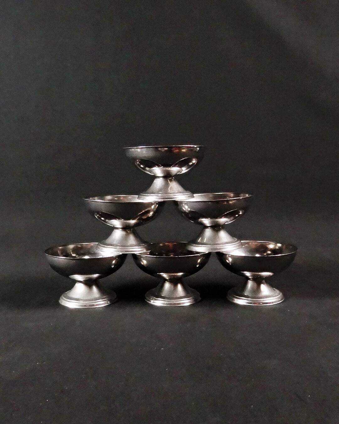 6 stainless steel ice cream cups on a stand, vintage dessert service