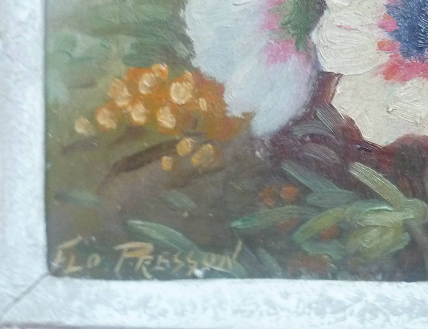 Framed floral painting signed Flo Presson, oil on panel by the painter Regi.