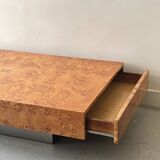 Coffee table with elm burl, integrated drawers, Mahey for Roche Bobois 1970.
