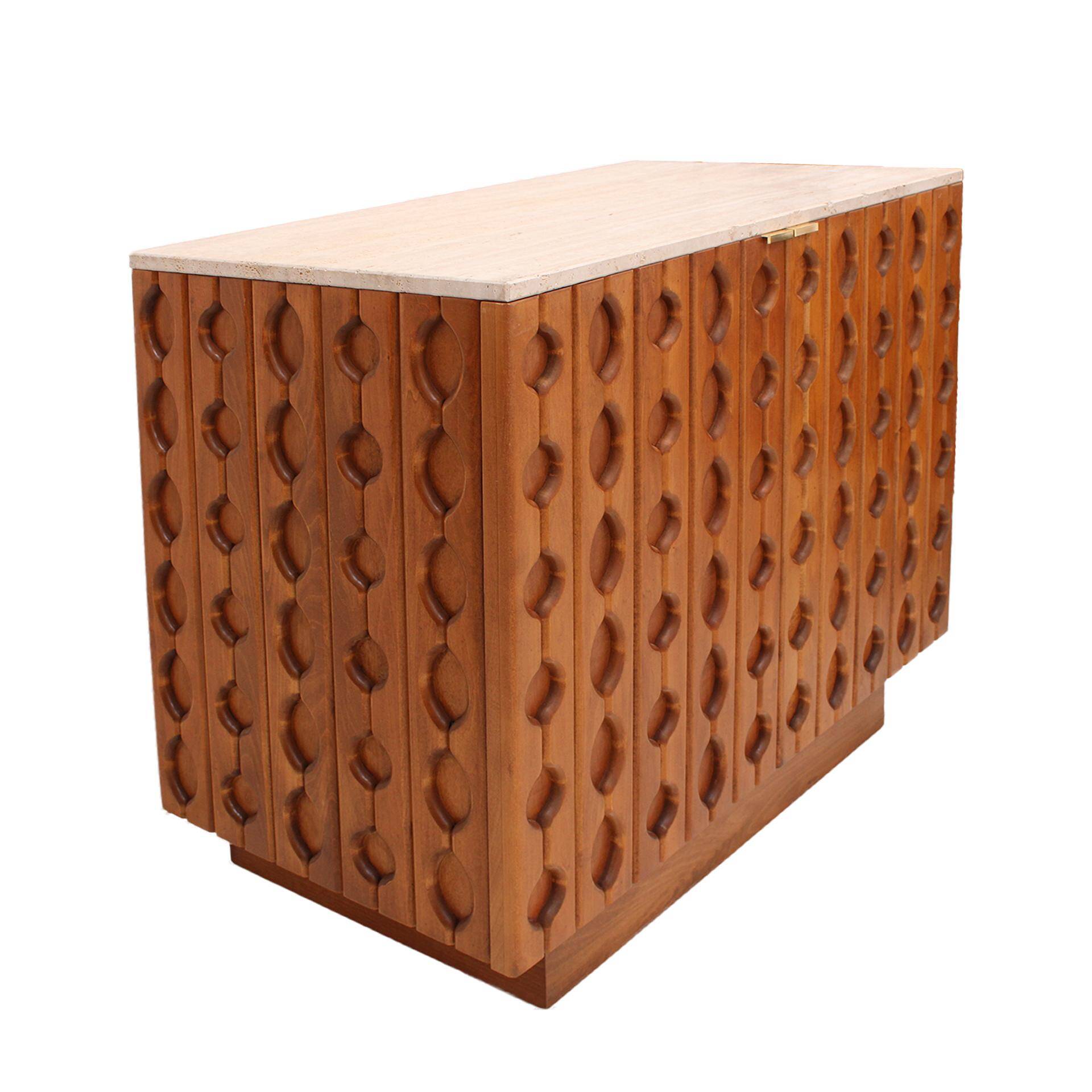 Contemporary Pair of Italian Sideboards Made of Solid Wood and Travertine