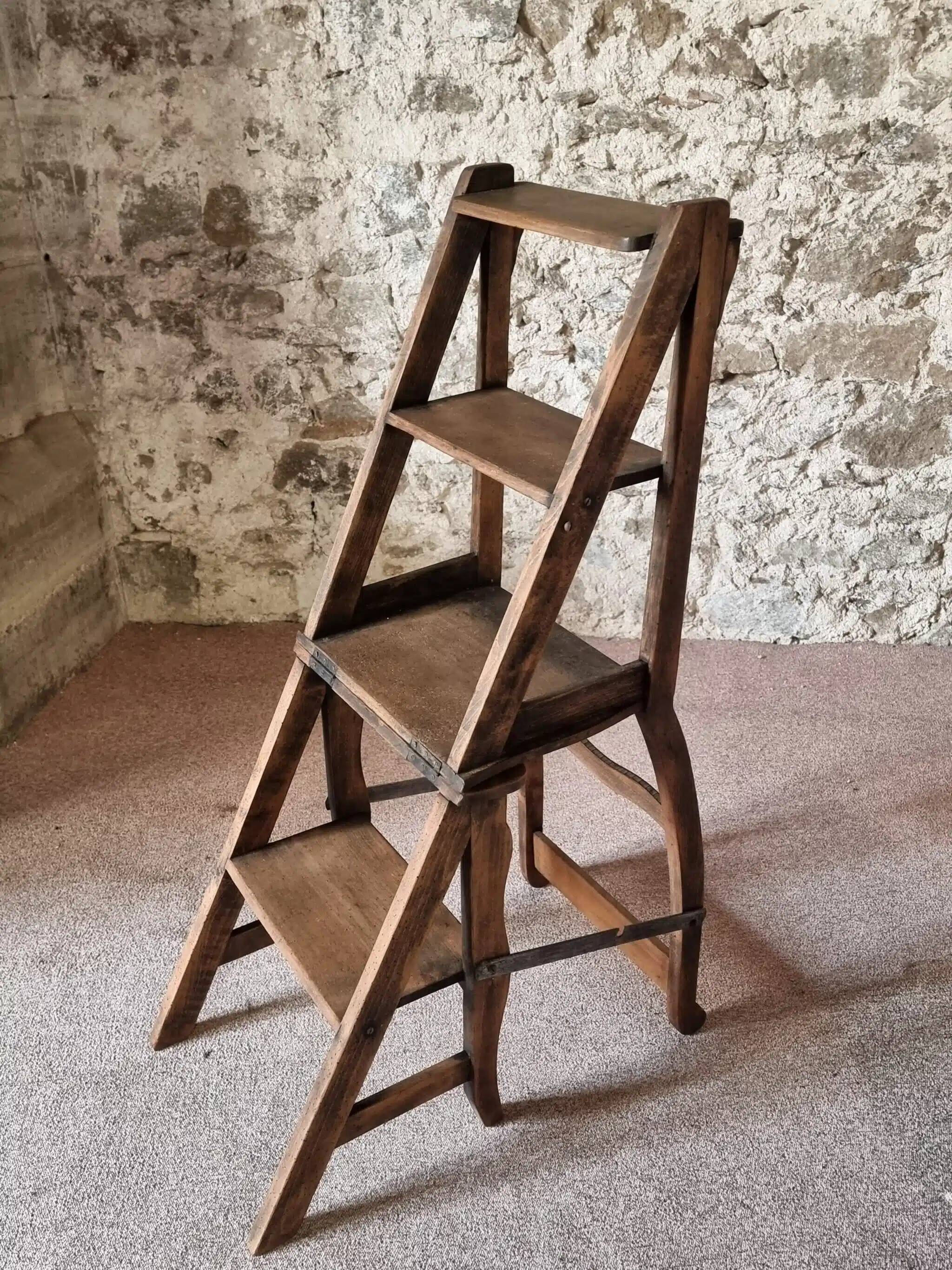 Chaise échelle de bibliothèque en chêne français antique – Tabouret escamotable
