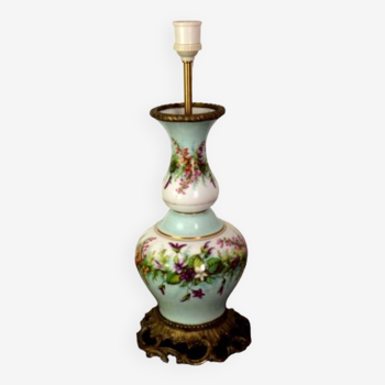 Antique french 19th century porcelain & bronze blue floral table lamp base 4250