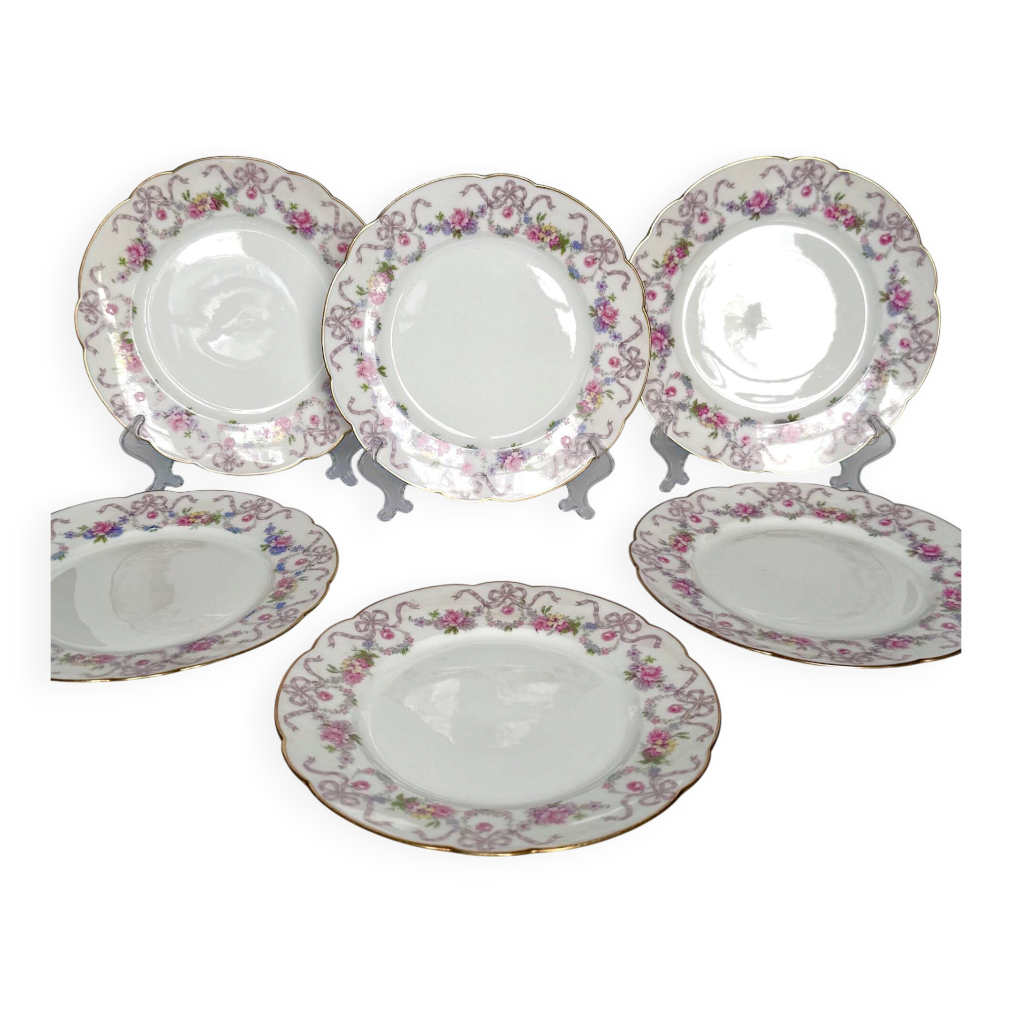 Set of 6 Limoges porcelain dessert plates with garlands and