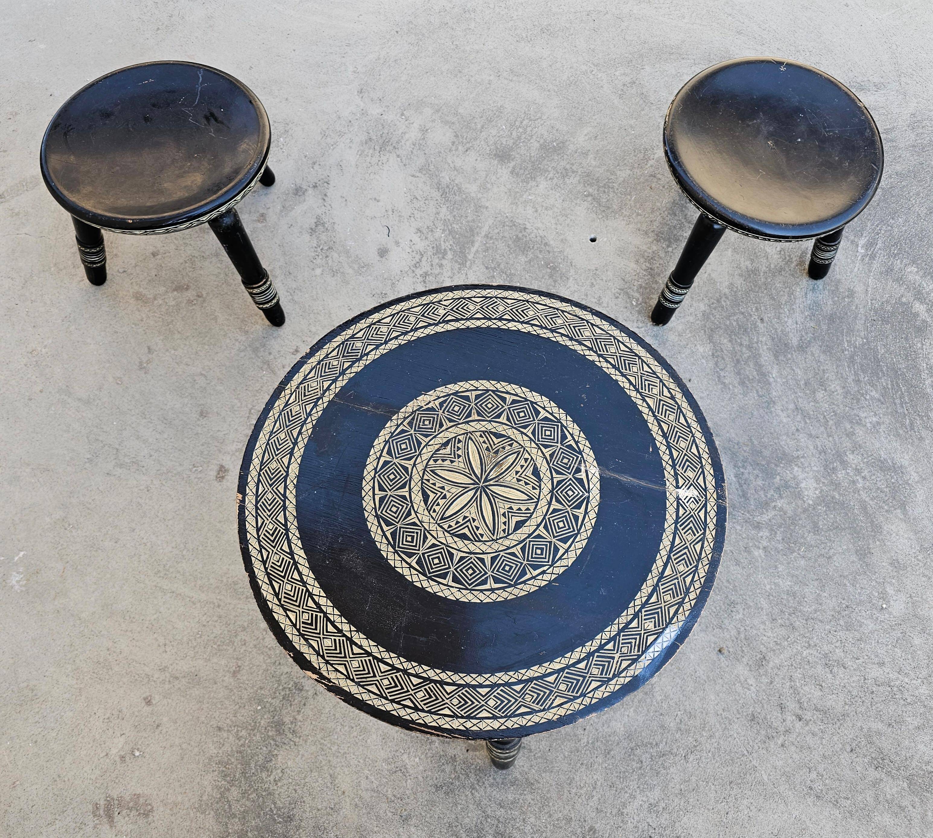 Antique hand-carved coffee table with 6 stools by Ettore Zacchari, 1900s.