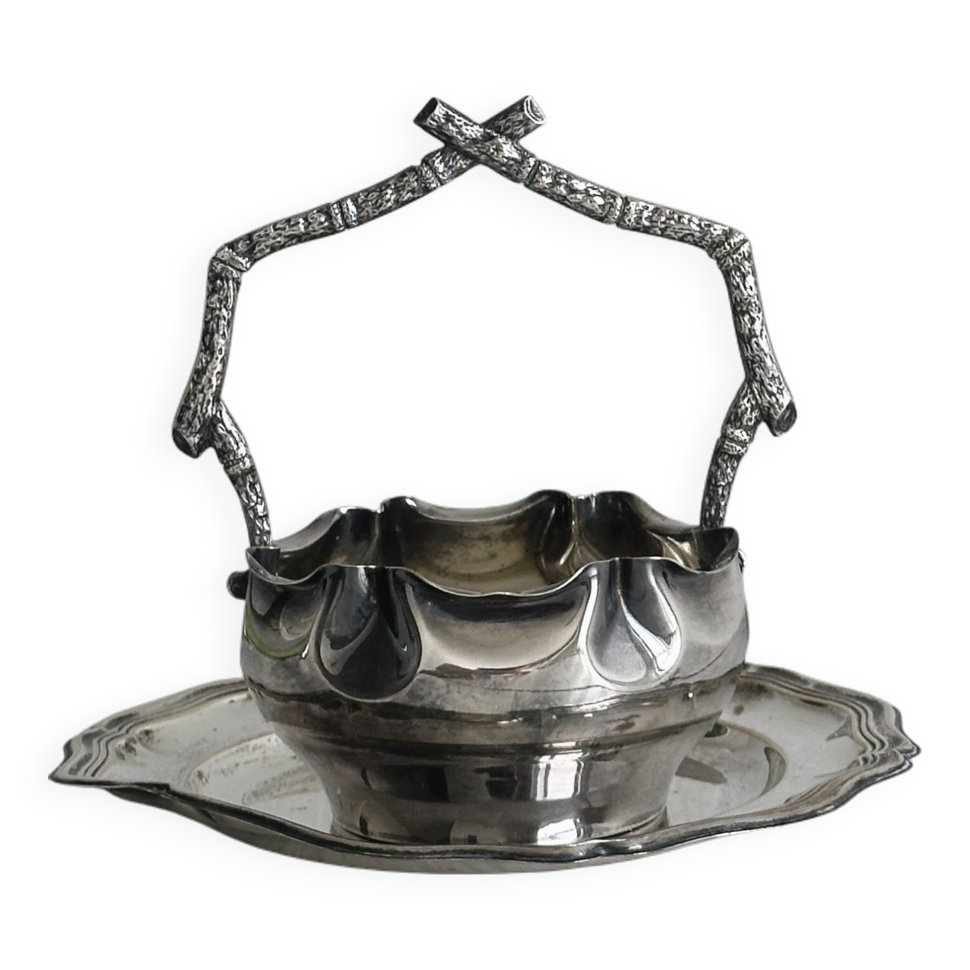 Antique sugar bowl or small sauce boat in patinated silver metal