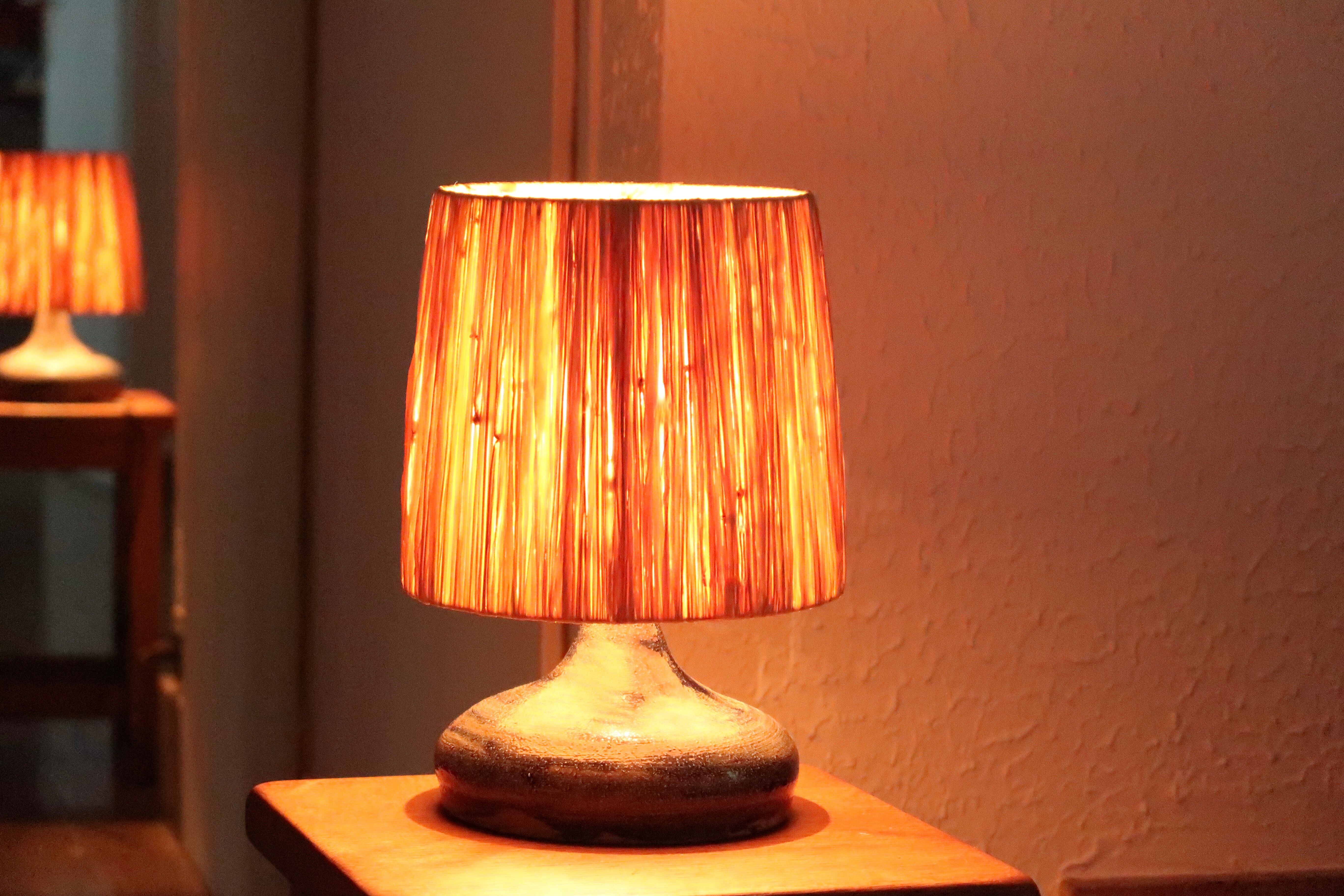 Blue sandstone lamp, raffia lampshade, 1960s