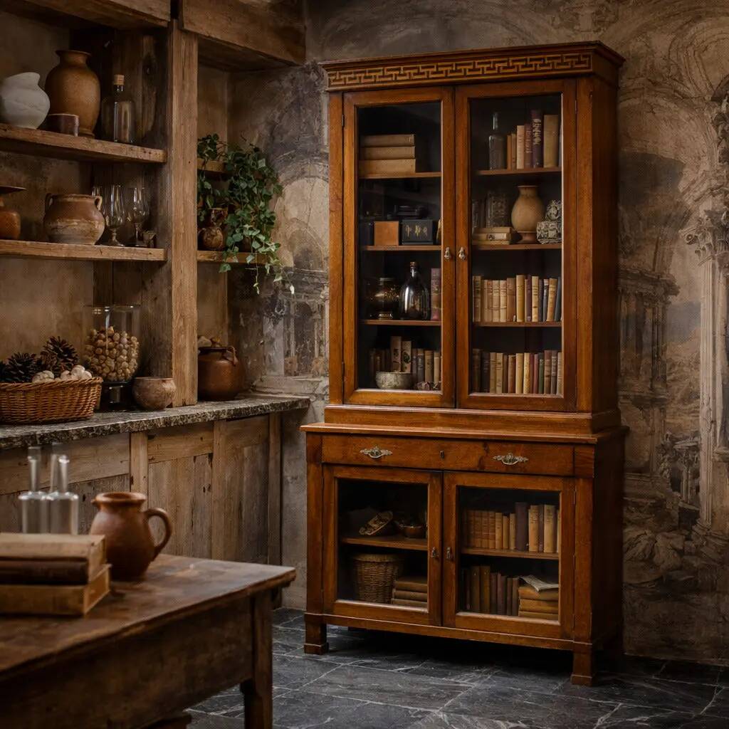 Empire display cabinet in walnut and bronze, Italy, 19th century