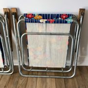 Pair of vintage camping chairs floral and wood fabrics 70s