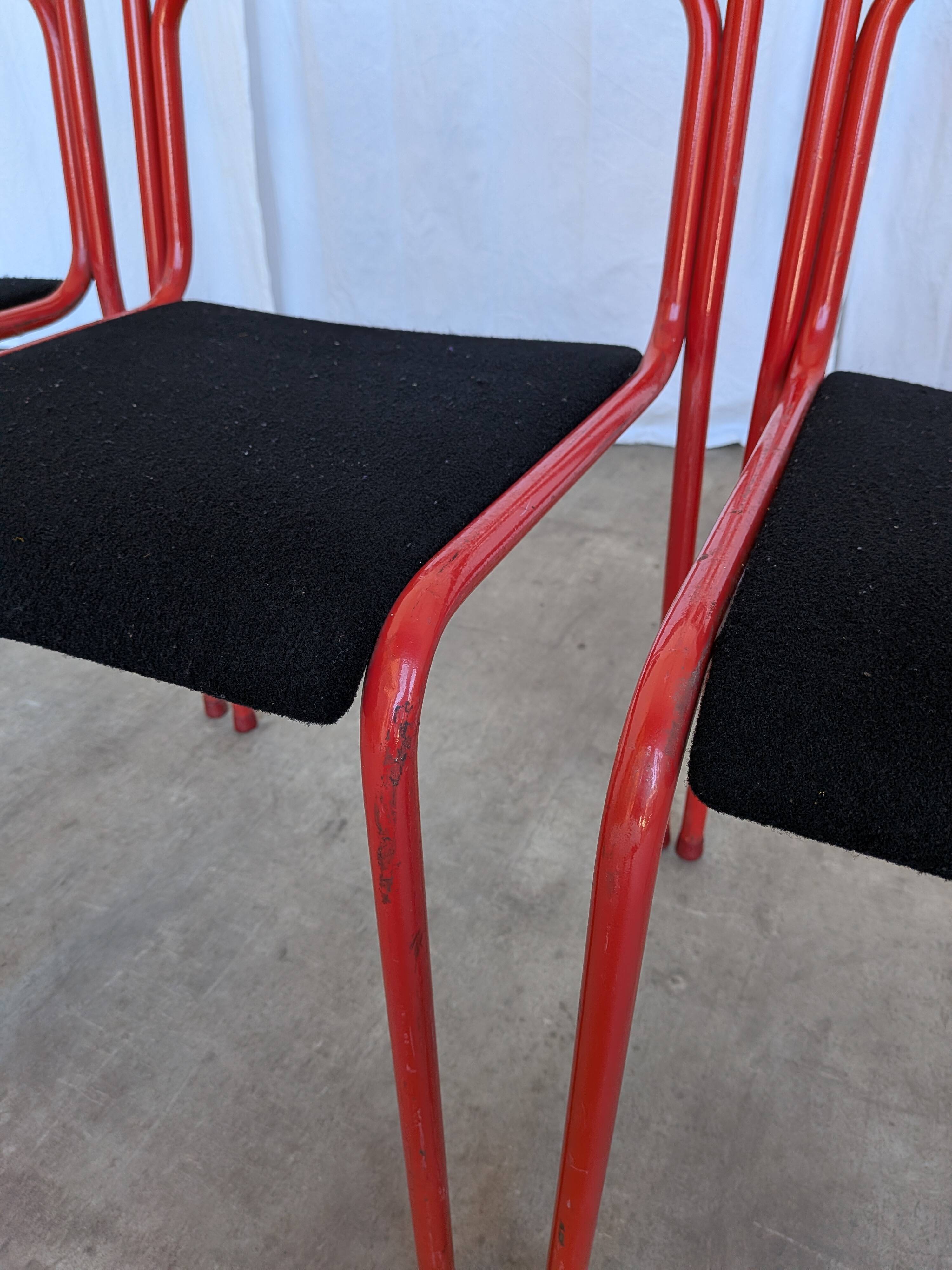 Set of 4 1970s Red & Black Metal Chair: Space Age Stackable Dining Chair