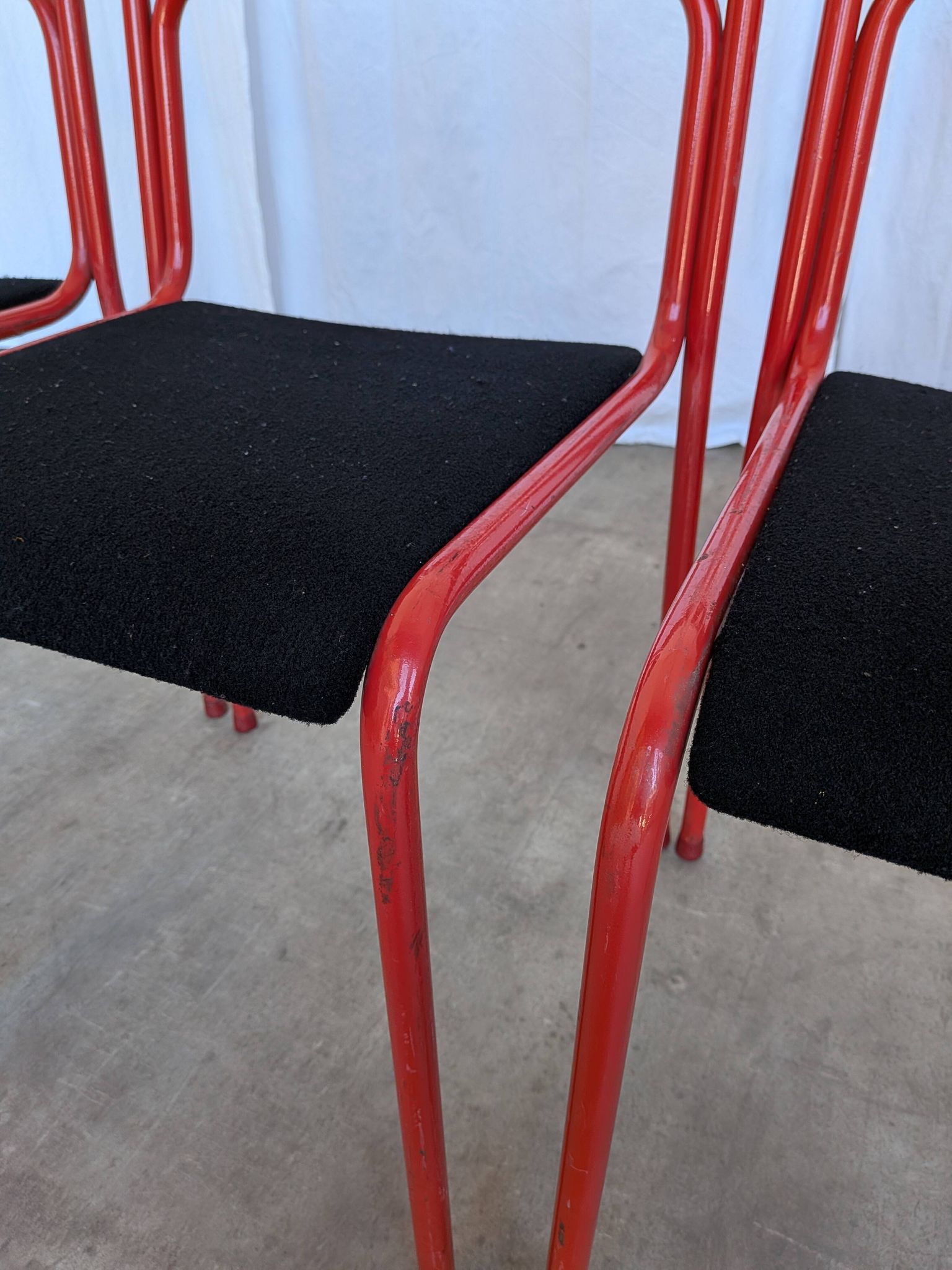 Set of 4 1970s Red & Black Metal Chair: Space Age Stackable Dining Chair
