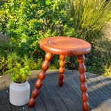 Tripod stool in solid wood, abacus feet, around 70's