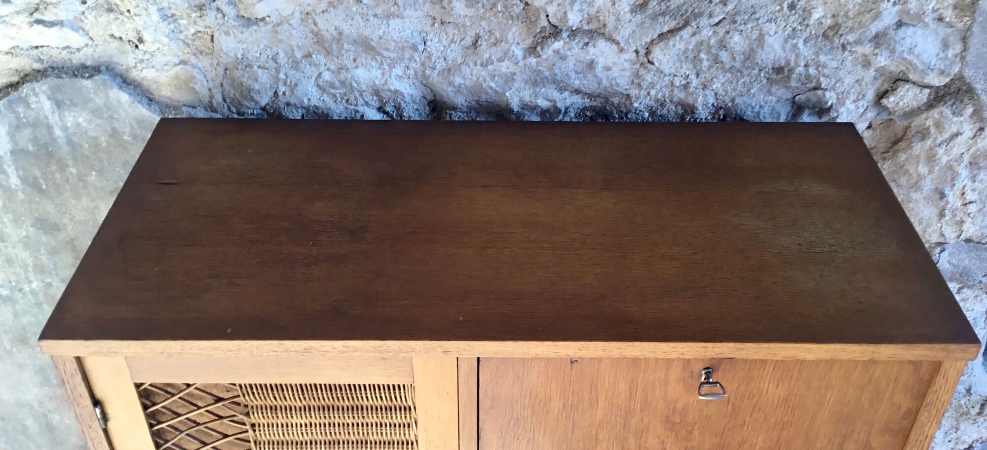 Rattan cabinet with integrated illuminating secretary vintage 1960