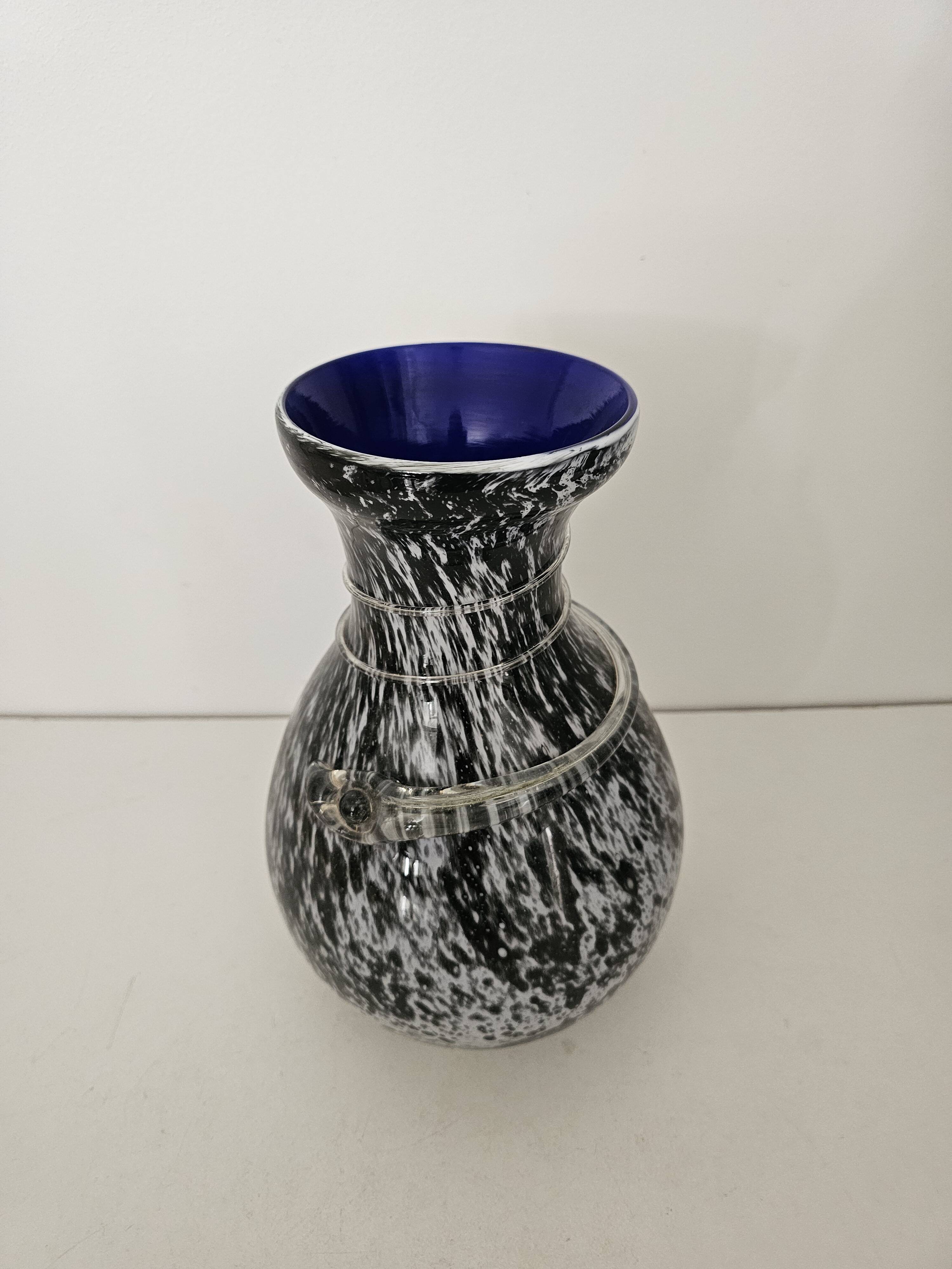 Blown glass vase with black snake decoration with white speckles
