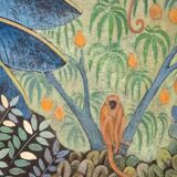 Painted canvas depicting monkeys on a fruit tree. Contemporary.
