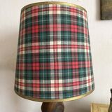 Turned wooden lamp, tartan lampshade.