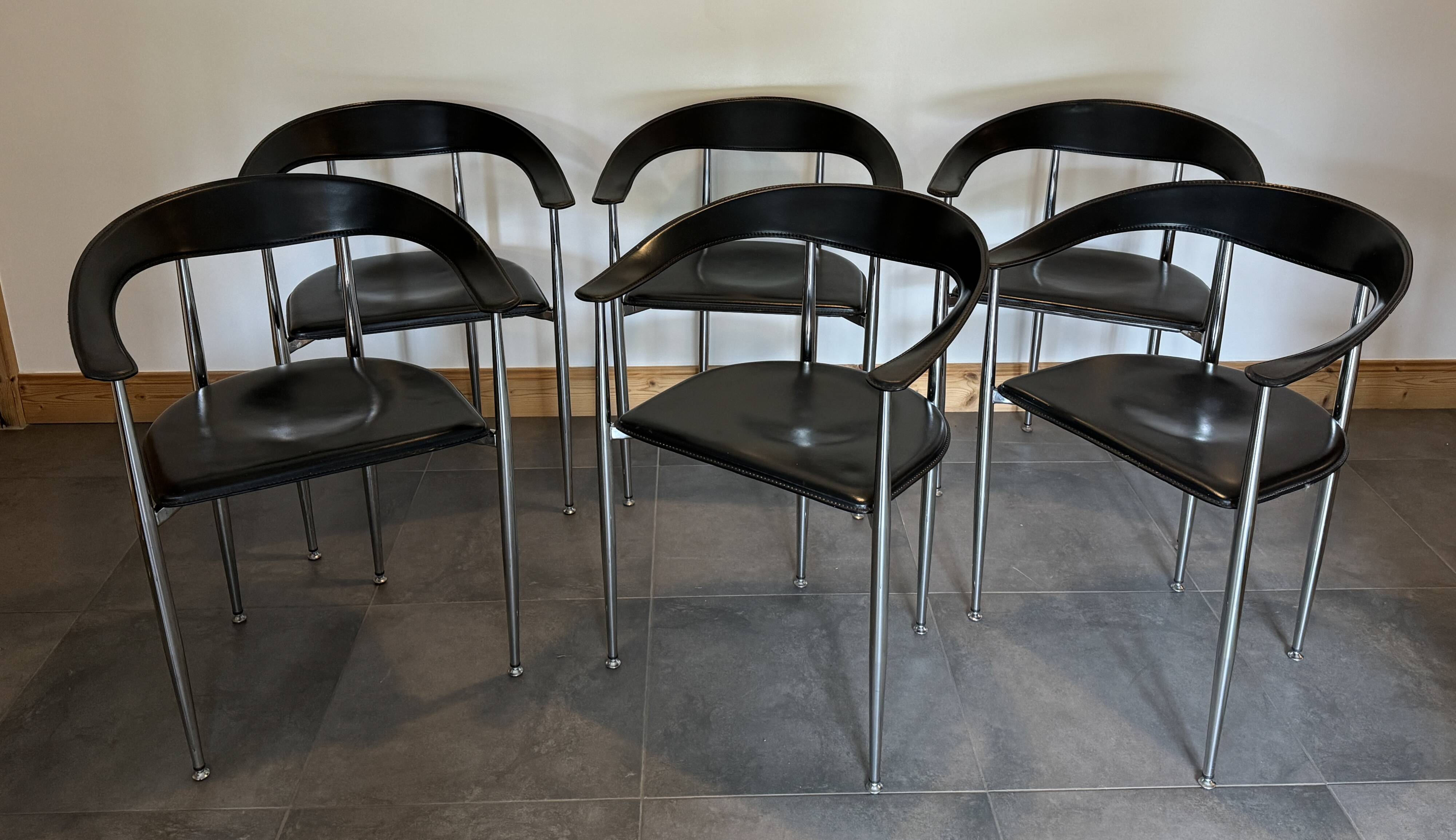 Set of 6 vintage arper chrome leather chairs