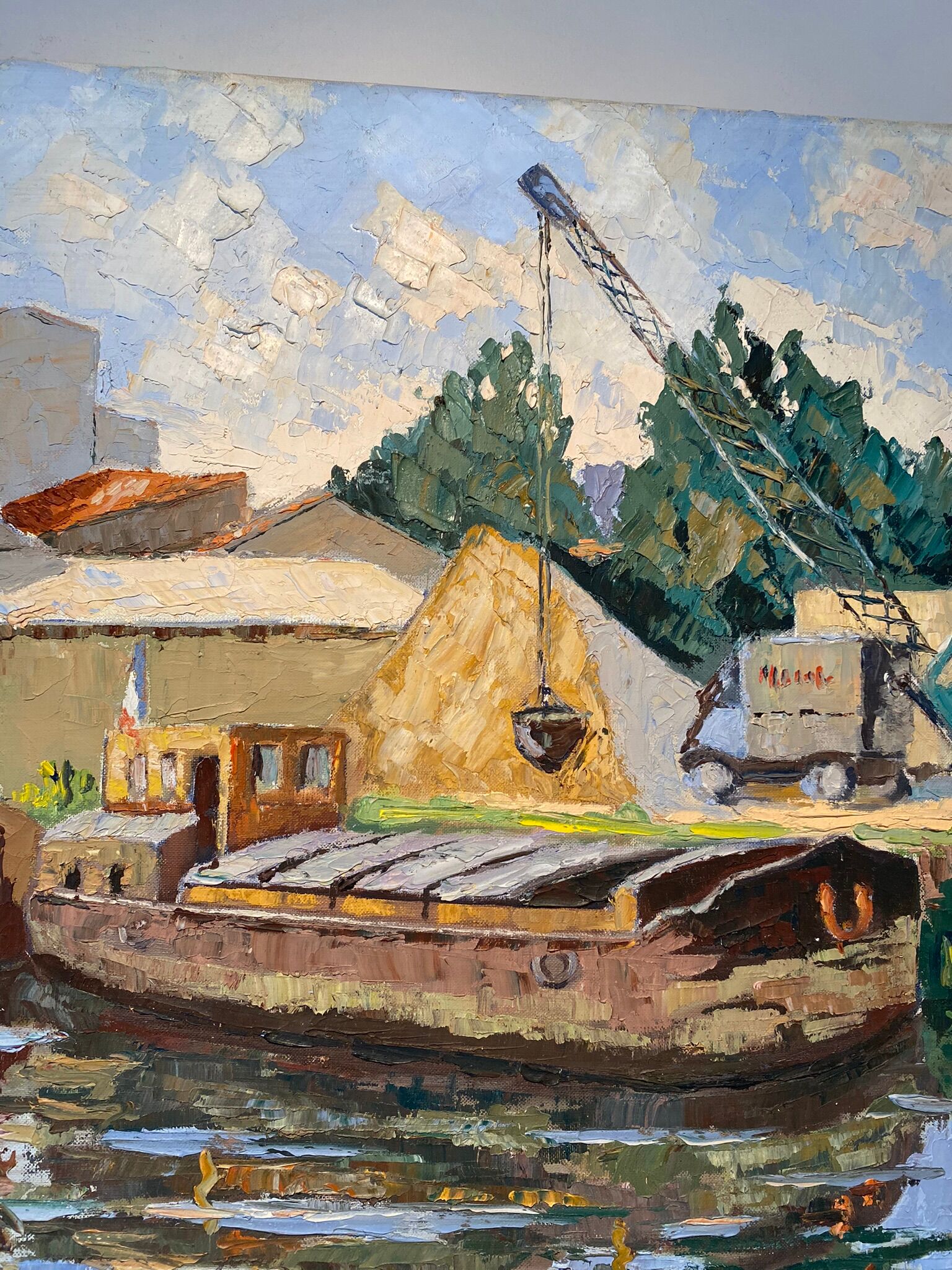 Tableau ancien, péniche à quai, signé Maurice Pannetier, années 70/80