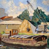Old painting, barge at the dock, signed Maurice Pannetier, 70s/80s
