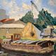 Old painting, barge at the dock, signed Maurice Pannetier, 70s/80s