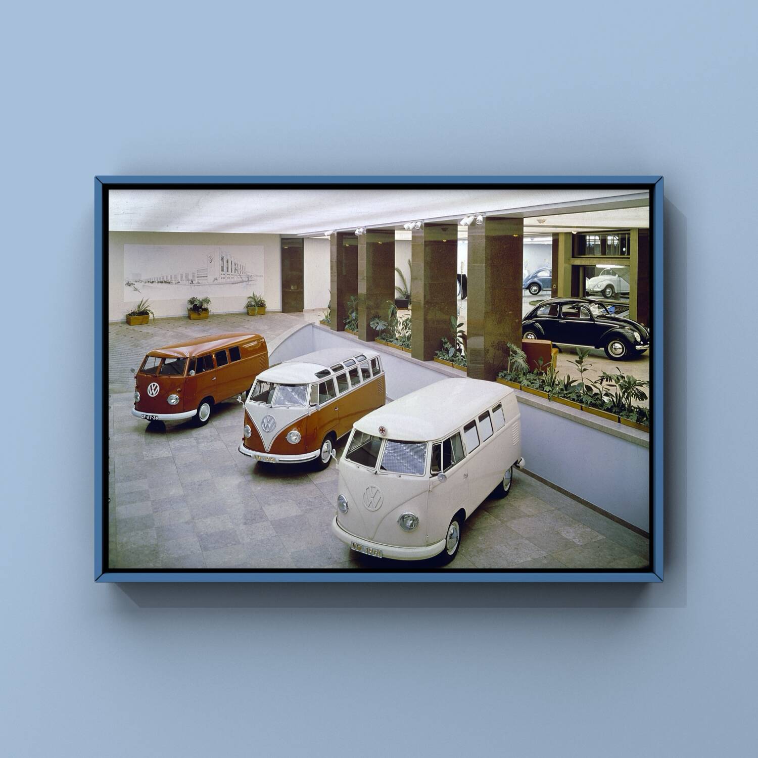 Tirage d’art, showroom Volkswagen, années 1960, couleurs originales