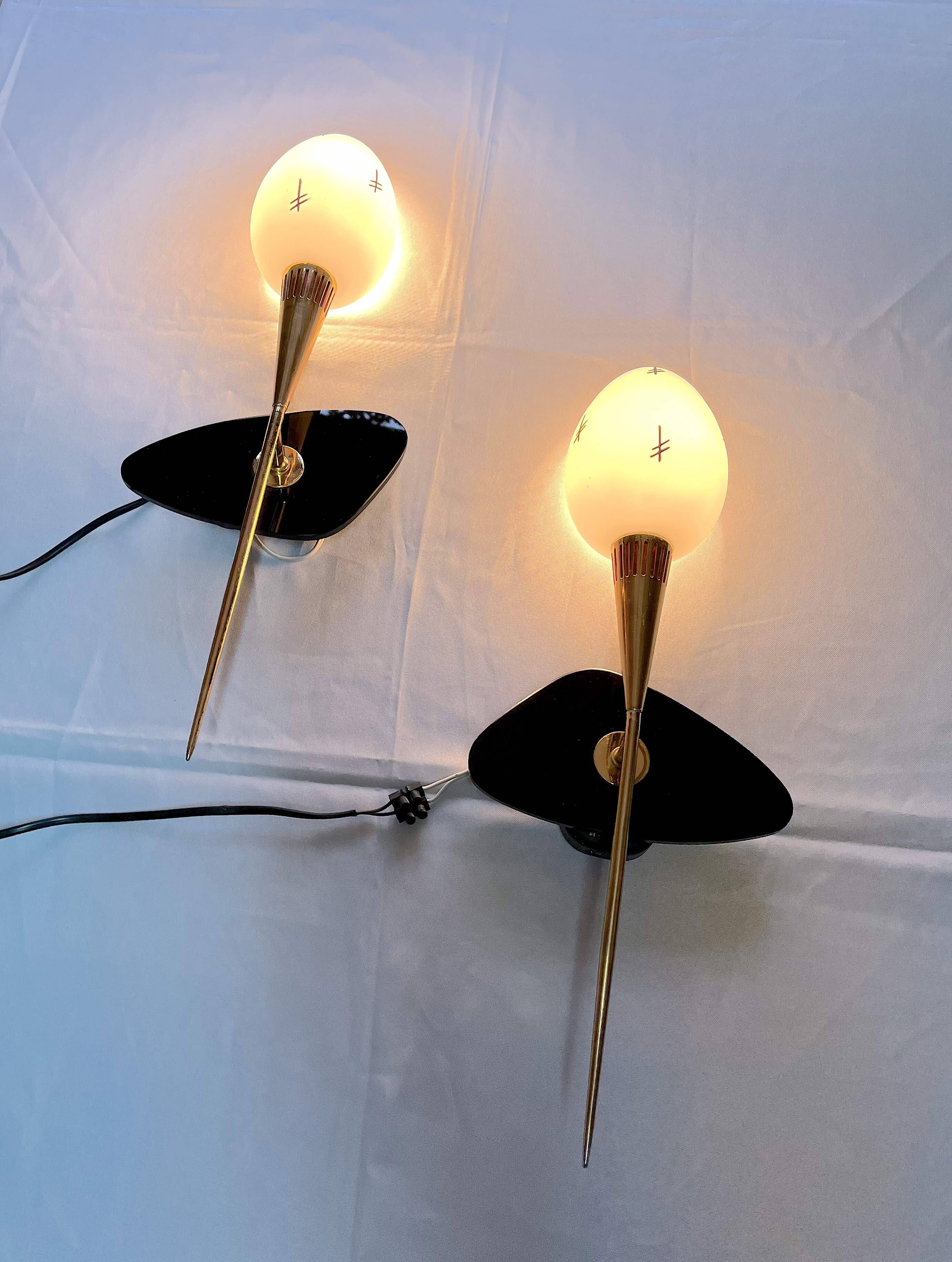 Maison Arlus Pair of brass and black wall sconces, France Mid-Century