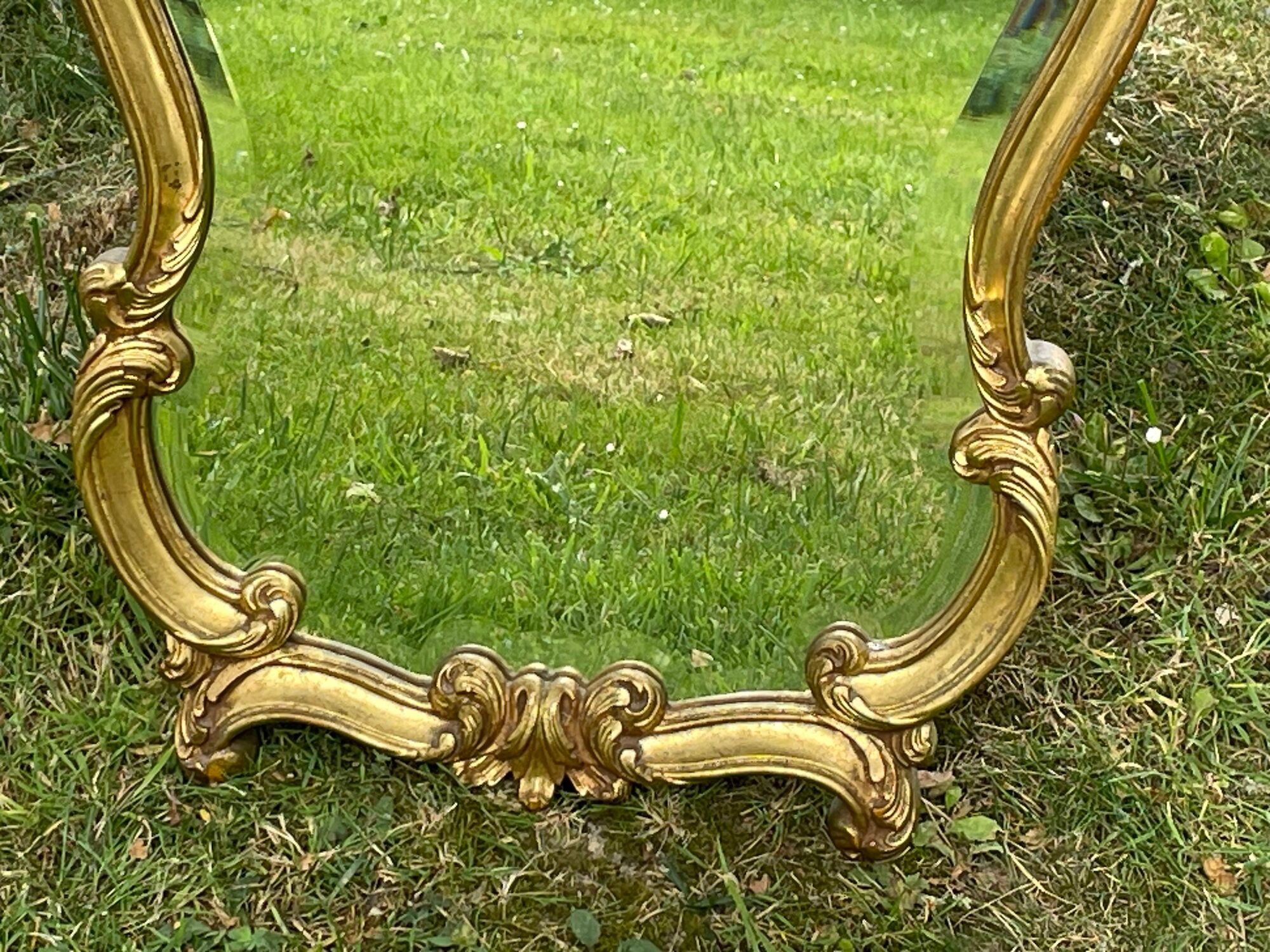 Beveled gilded wood mirror with violin shapes, Louis XV baroque style shell