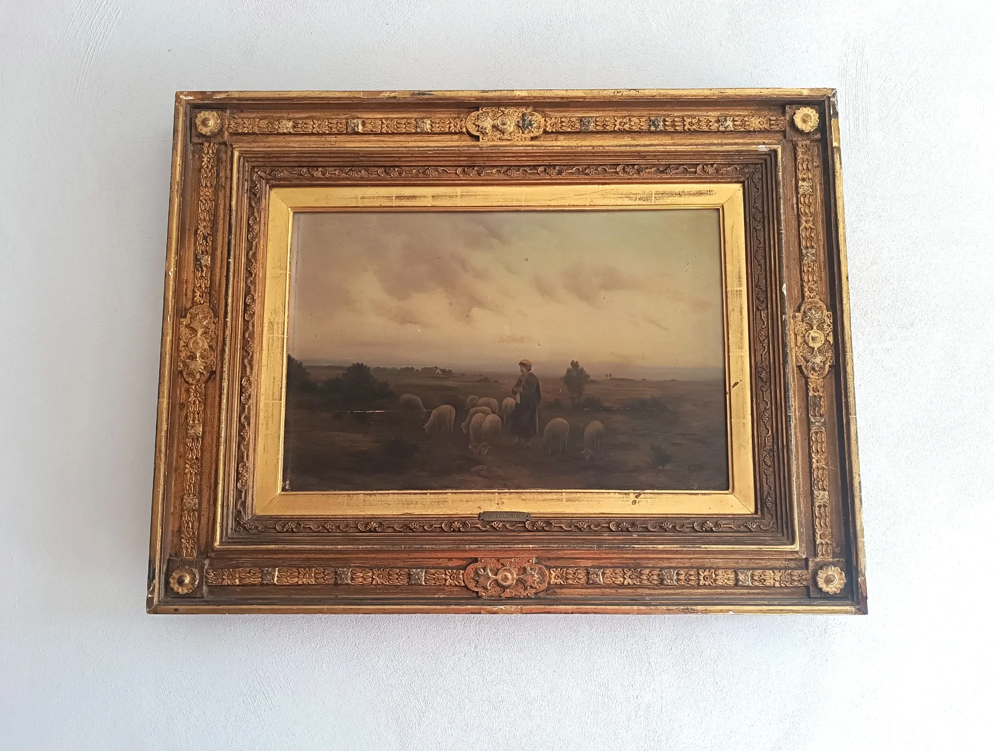 Hermann solbrig (1853-1942) oil painting on panel shepherdess and her flock