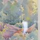 Watercolor Signed Emile Rondinet, woman resting in a Framed Garden