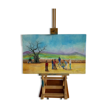 Jeux des Boules (1979) by Rossignol — Blue canvas painting, 61 x 38 x 3 cm, vintage French scene