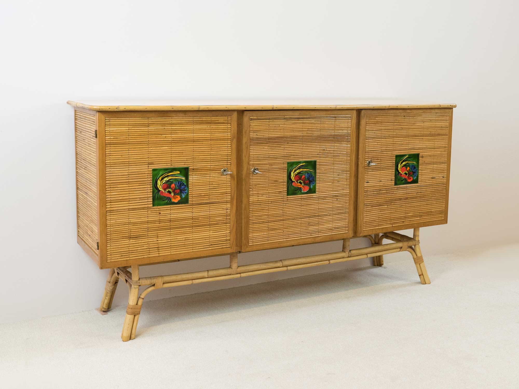 Rattan sideboard, Vallauris tiles, 1950s