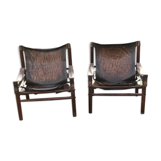 Leather Safari Armchairs, 1960s, Set of 2