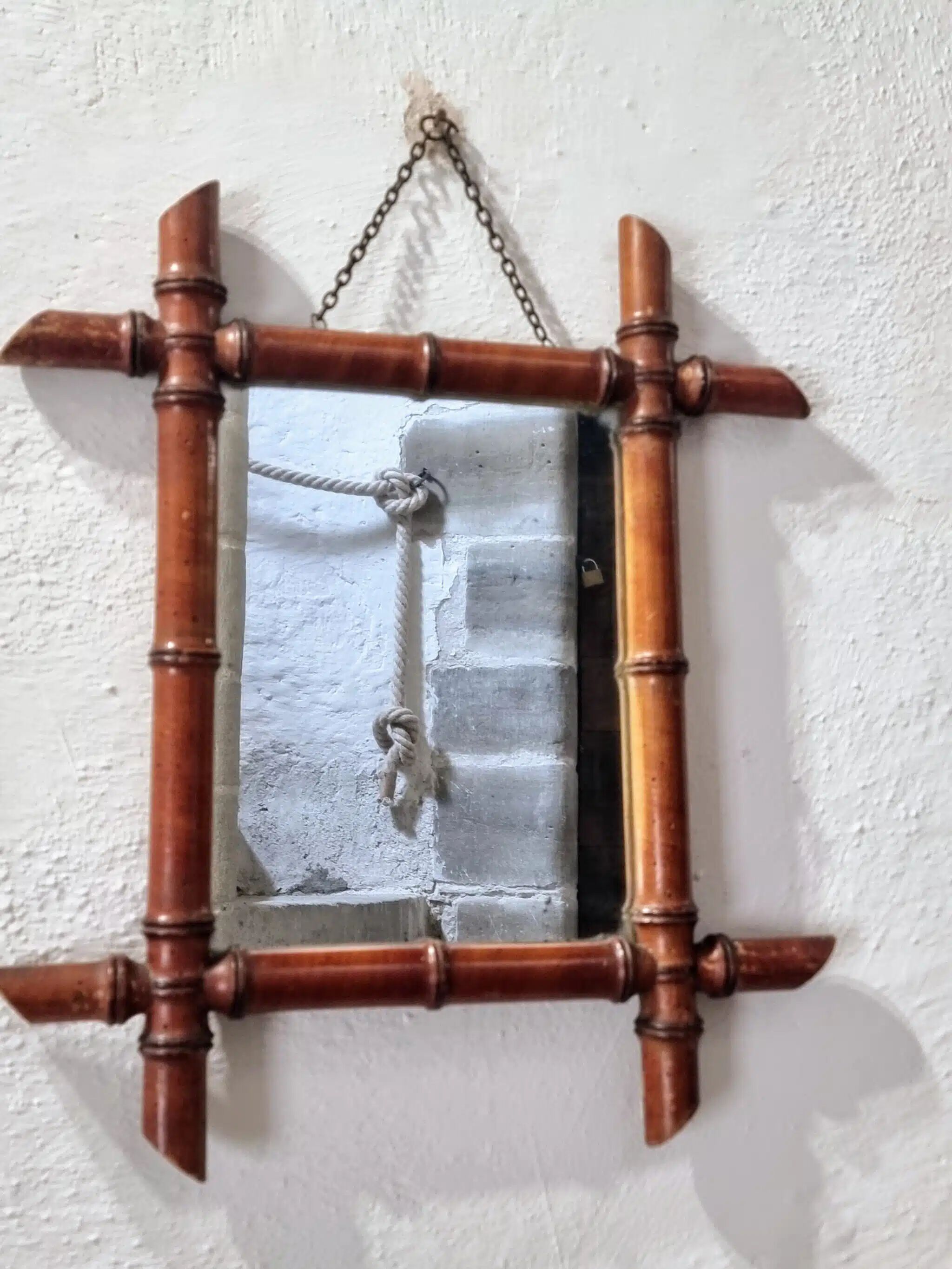 Antique Faux Bamboo Mirror - French Wall Mirror with Chain, 38×44 cm