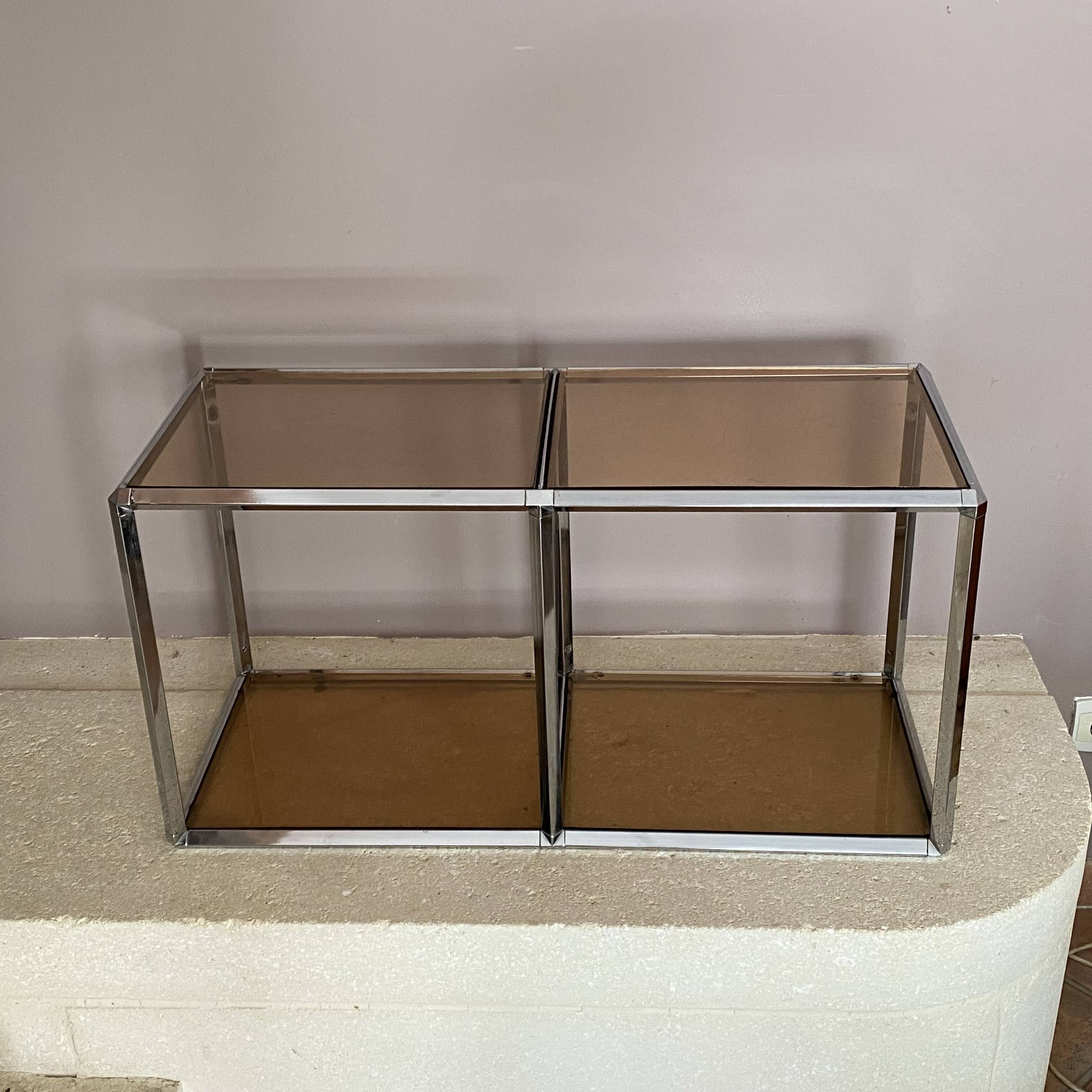 Table basse 2 modules. Chrome et plexiglas. 1970. Space age.
