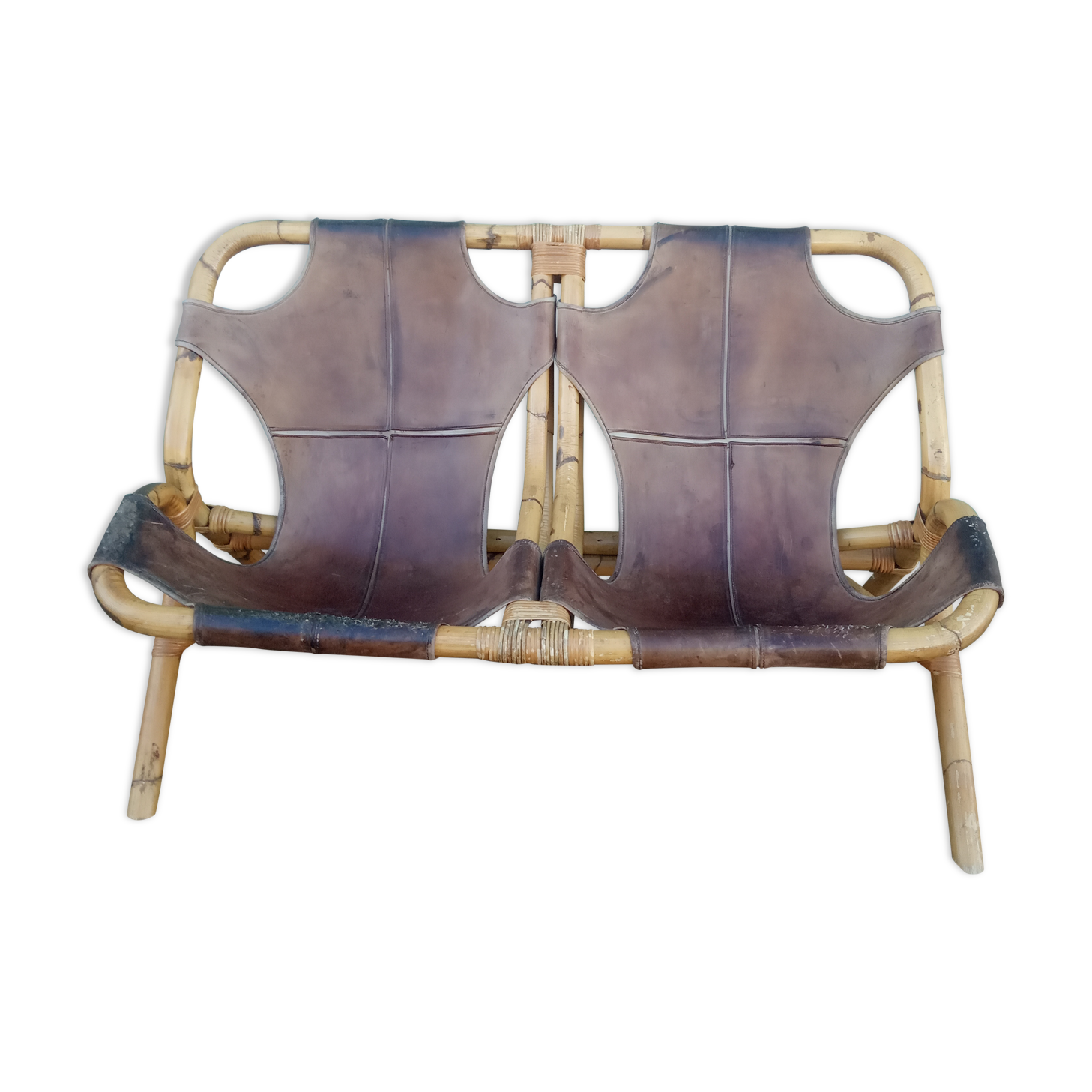 Bench 2 seater Rohe Noordwolde 60s rattan and leather
