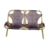 Bench 2 seater Rohe Noordwolde 60s rattan and leather
