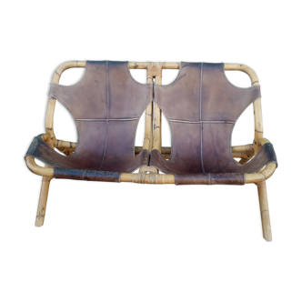 Bench 2 seater Rohe Noordwolde 60s rattan and leather