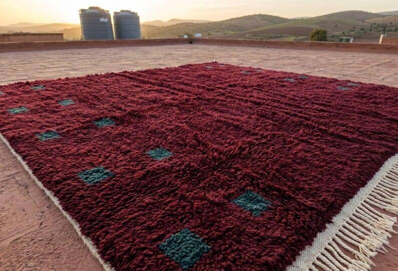 Moroccan Berber rug burgundy 300x200 cm – blue-green geometric patterns