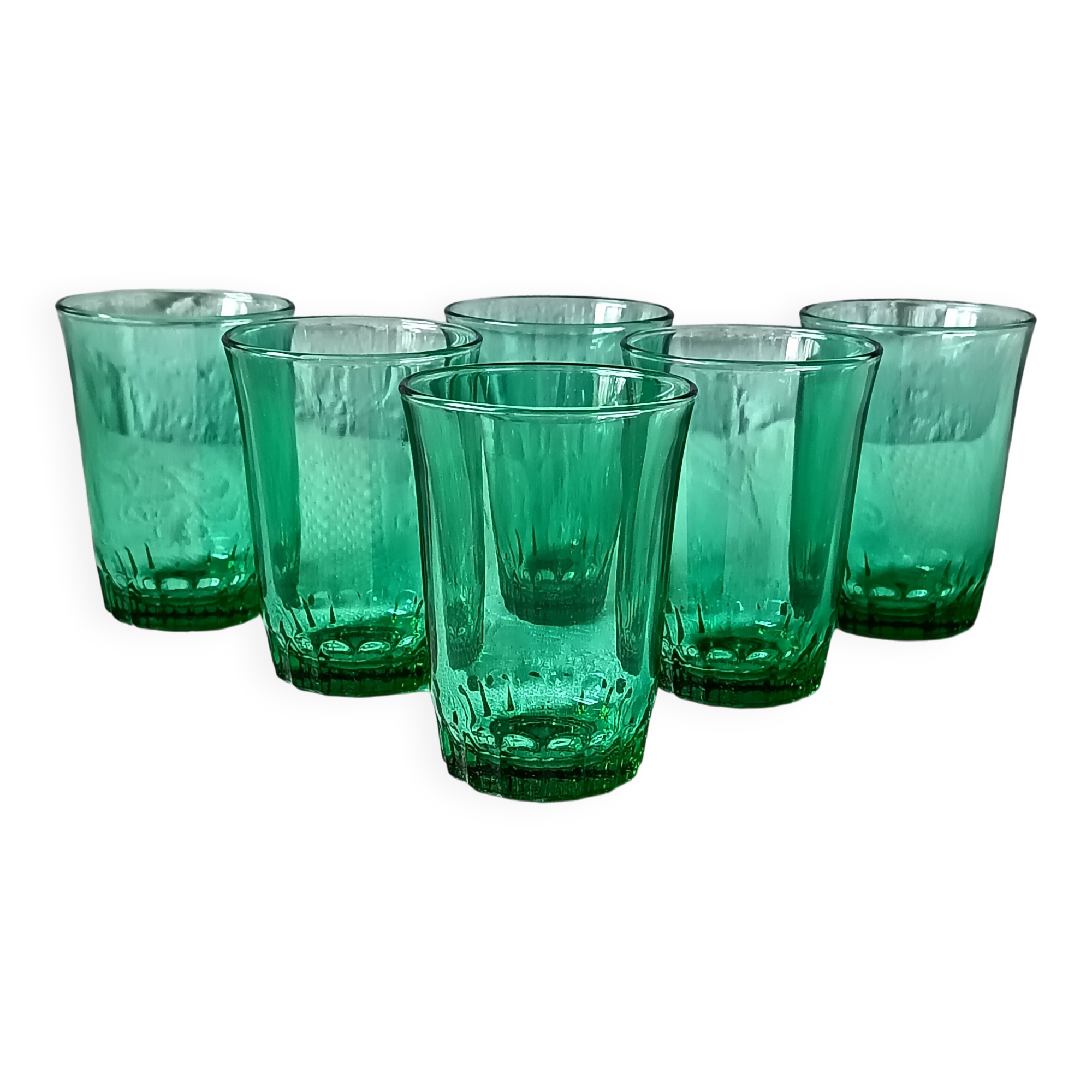 6 verres 12 cl rétro verre vert émeraude france, petits verres vintage