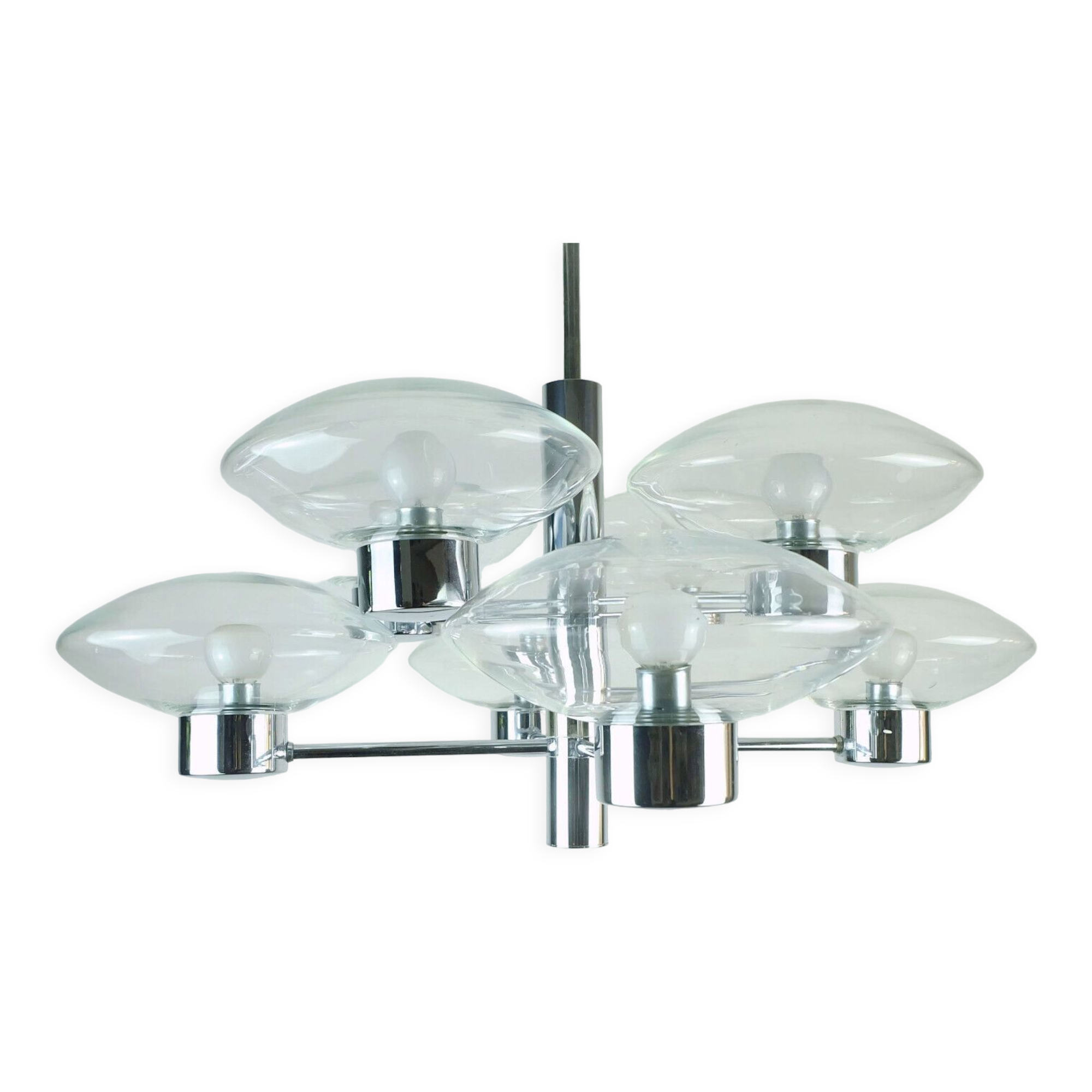 1970s kaiser 8-light PENDANT LIGHT chandelier chrom and clear glass