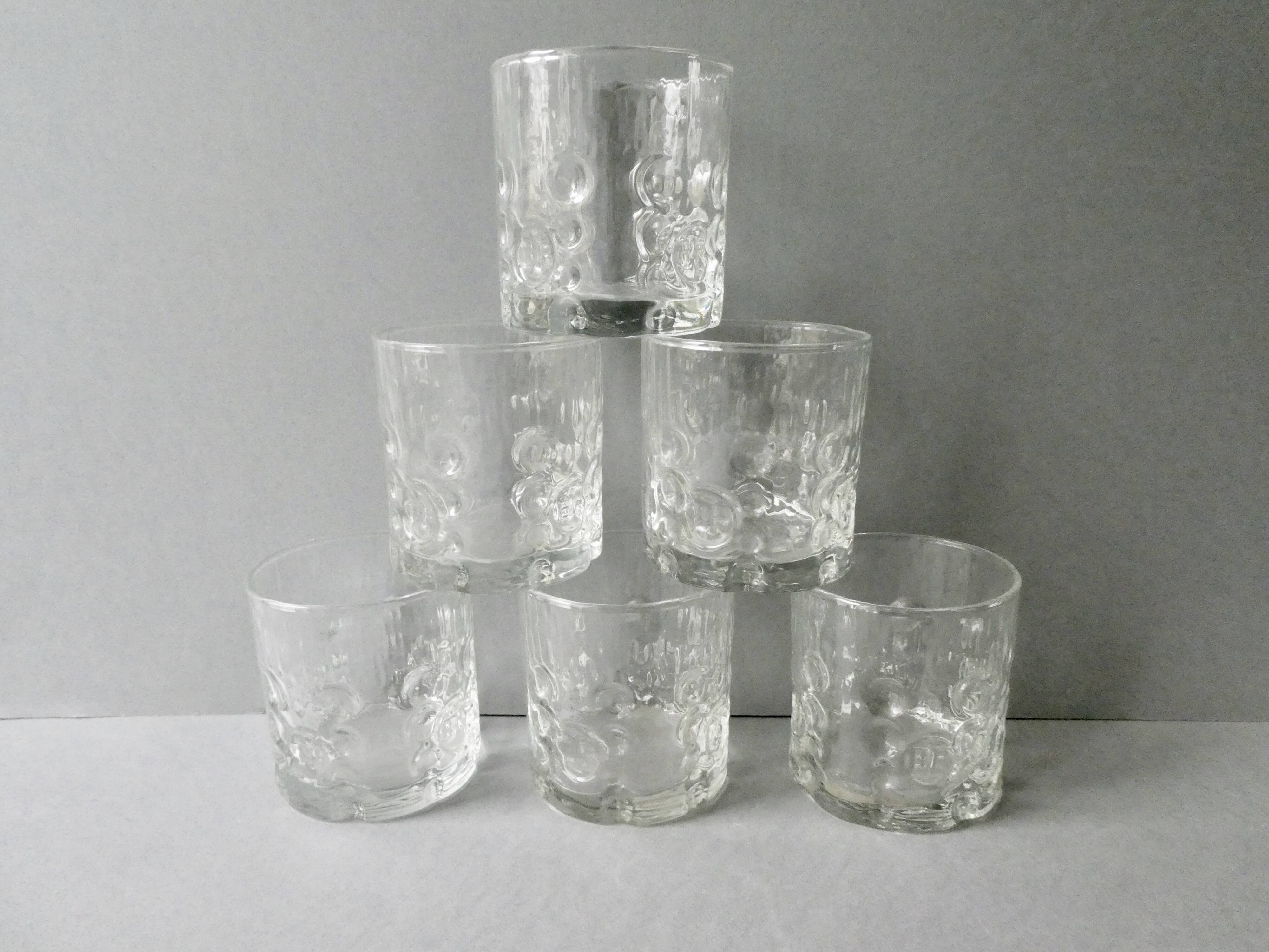 Set of 6 whiskey glasses, bubbled décor, BP, 70s