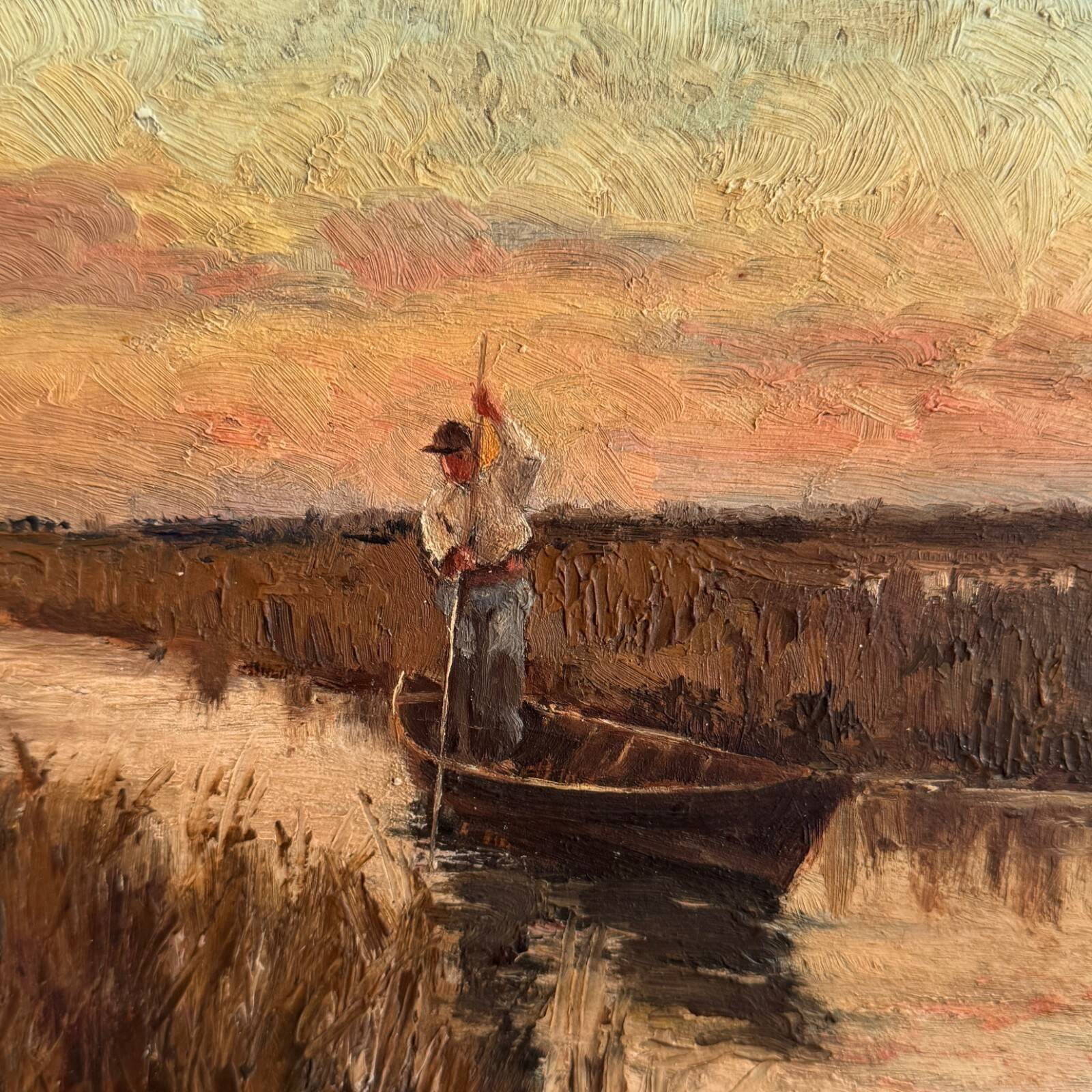 Oil on panel fisherman in a marsh Impressionism early 20th century
