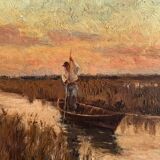 Oil on panel fisherman in a marsh Impressionism early 20th century