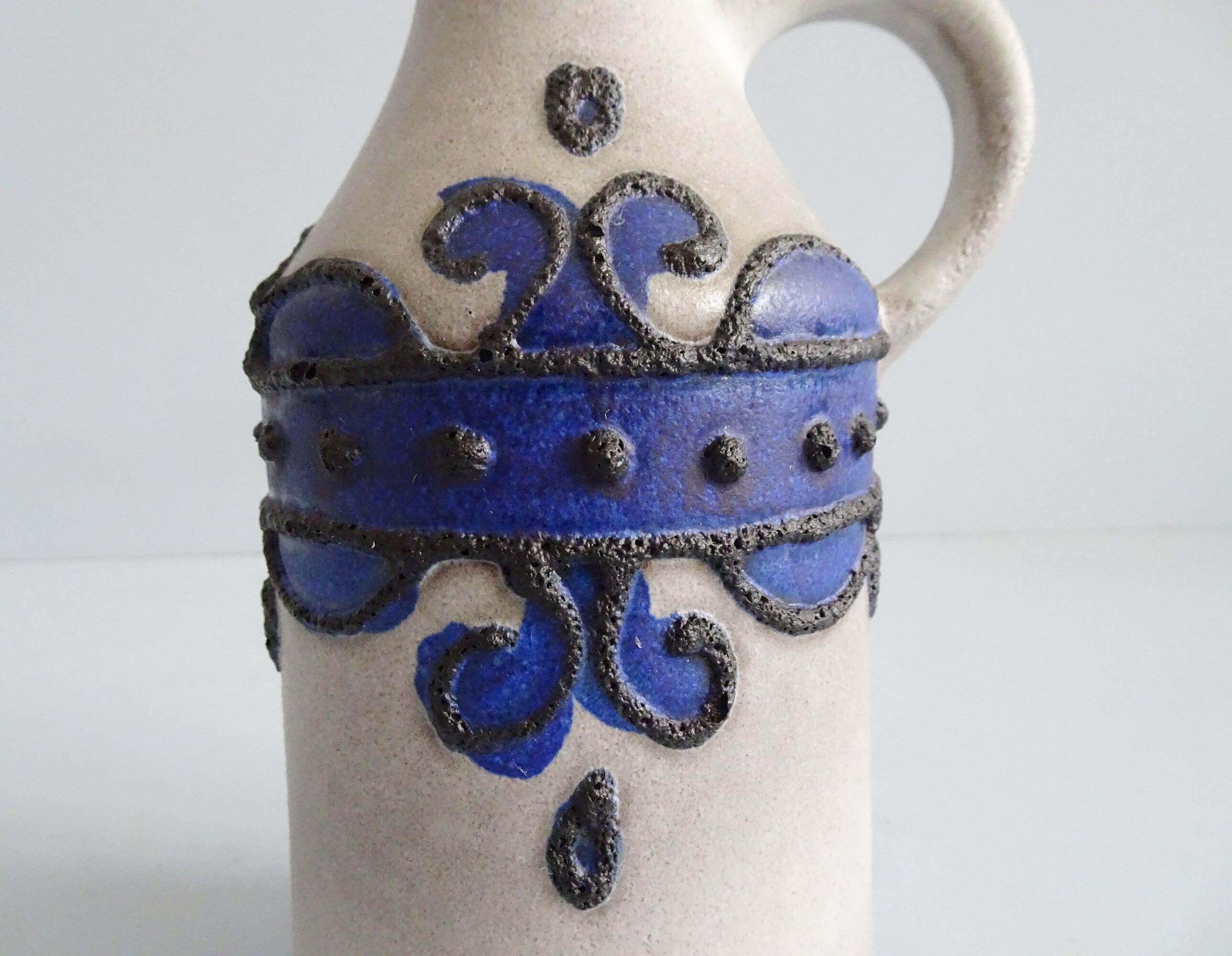 VEB Haldensleben ceramic vase gray and blue with black Fat Lava decor, gray jug vase