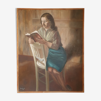 Vintage painting portrait of a woman reading