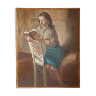 Vintage painting portrait of a woman reading