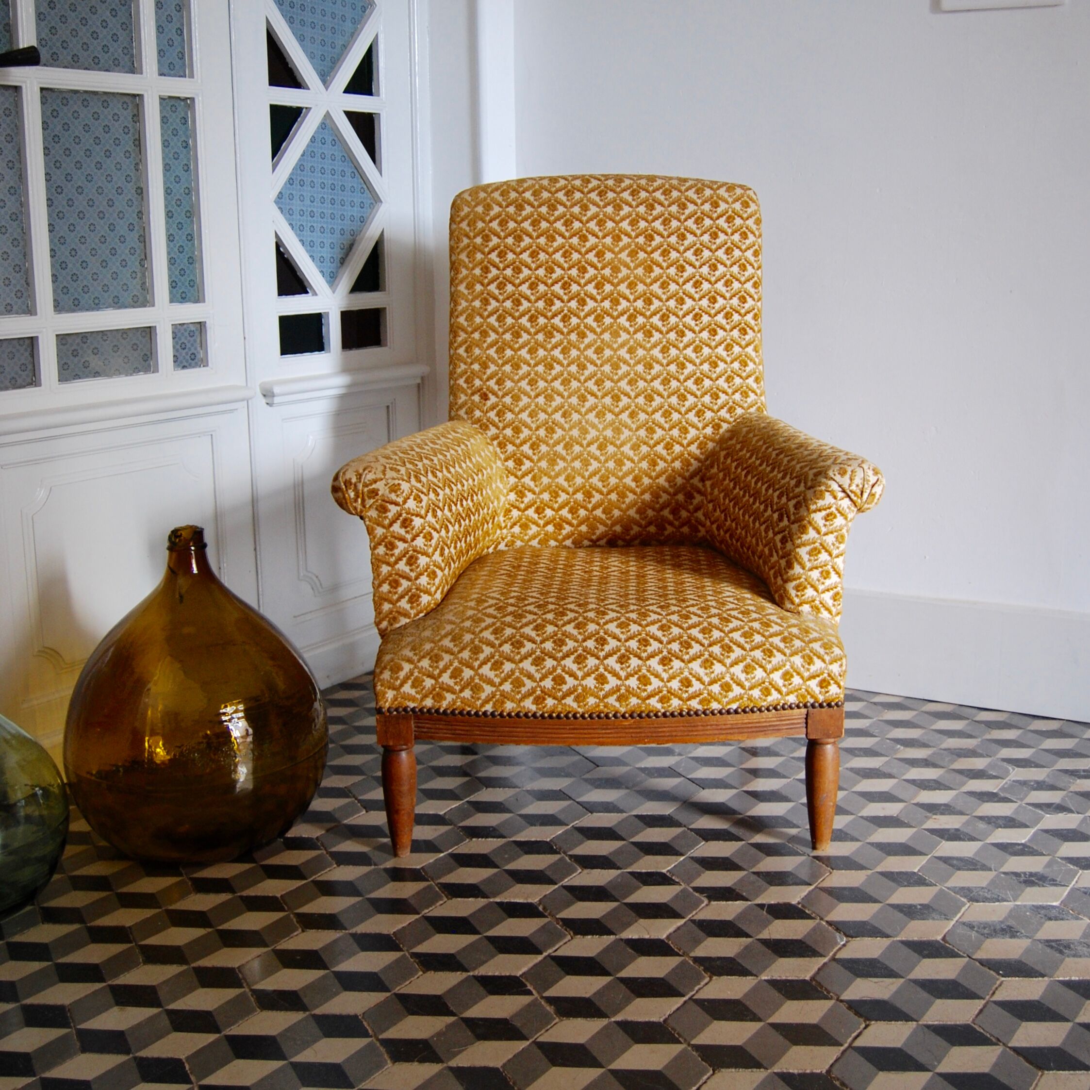 Armchair studded velvet damask vintage English