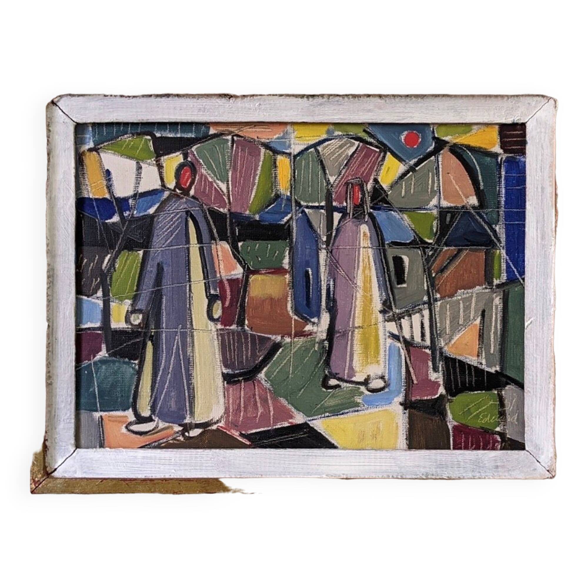 1951 Mid-Century Modern "Figures in Colour" Vintage Geometric Abstract Figurative Oil Painting, Fram