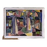1951 Mid-Century Modern "Figures in Colour" Vintage Geometric Abstract Figurative Oil Painting, Fram